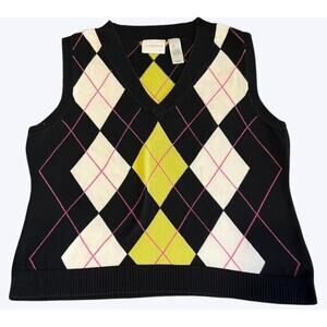 Liz Claiborne Large Sweater Vest Cableknit White Argyle Black Yellow